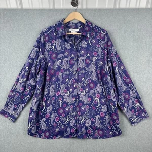 Foxcroft Shirt Womens 18W Purple Floral Paisley Button Wrinkle Free Appleseeds - Picture 1 of 8
