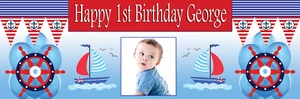 PERSONALISED NAUTICAL SAILOR BIRTHDAY BANNER POSTER ANY AGE TEXT WITH PHOTO - Picture 1 of 1
