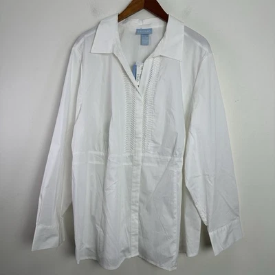 Womens Top LIZ & ME White Button-up shirt 2X Stretch Pintucked Pleated New - Image 1 of 4