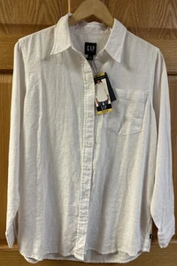 Gap Linen Blend Medium Solid  White Button Down Long Slv Shirt Blouse Beach NWT - Picture 1 of 9