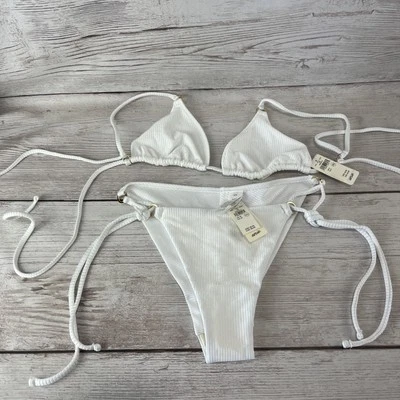 Nuevo con etiquetas Bikini Aerie Shine Rib Parte inferior descarada con parte superior triangular parte superior blanca S inferior M Foto 1 de 4