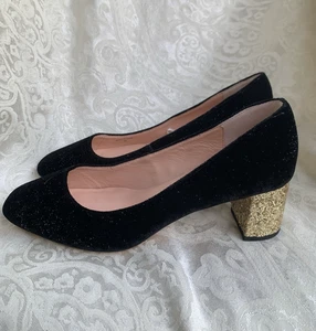 Kate Spade Delores Too Black Velvet Gold Glitter Block Heel Sz 9 Designer Shoe - Picture 1 of 18