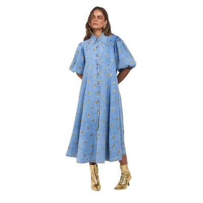 Vestido La Boheme Meninas Peyton Midi Denim Flare Dourado Coração P/M - Imagem 1 de 4