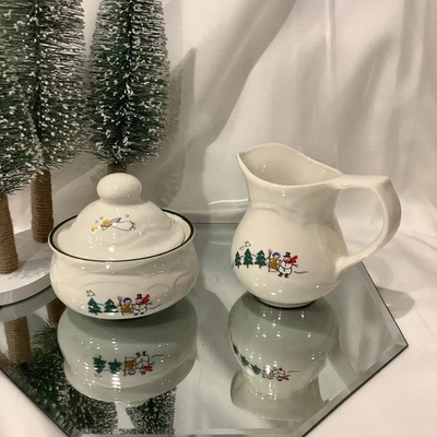Pfaltzgraff SNOW VILLAGE Sugar Bowl & Lid, Creamer Christmas Angel Snowman - Image 1 of 4