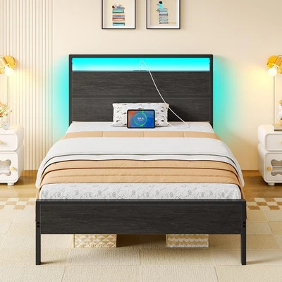 Twin Bed Frames with Headboard, Twin Bed with LED Lights, Camas Twin Size Bed... - Image 1 of 4
