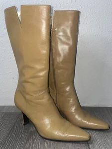 Stuart Weitzman Leather Calf Boots Size 6 M Camel/Beige Pointed Toe Side Zip - Picture 1 of 15