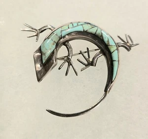 Navajo Signed Redwater Sterling Silver Turquoise Salamander Lizard Pendan/Brooch - Picture 1 of 8