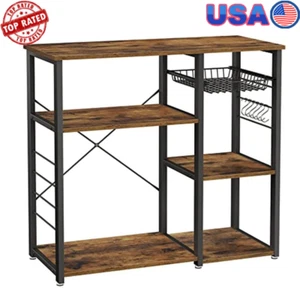 Kitchen Baker Rack Microwave Oven Stand 4 Shelves Wire Basket 6 Hook Storage New - Picture 1 of 3