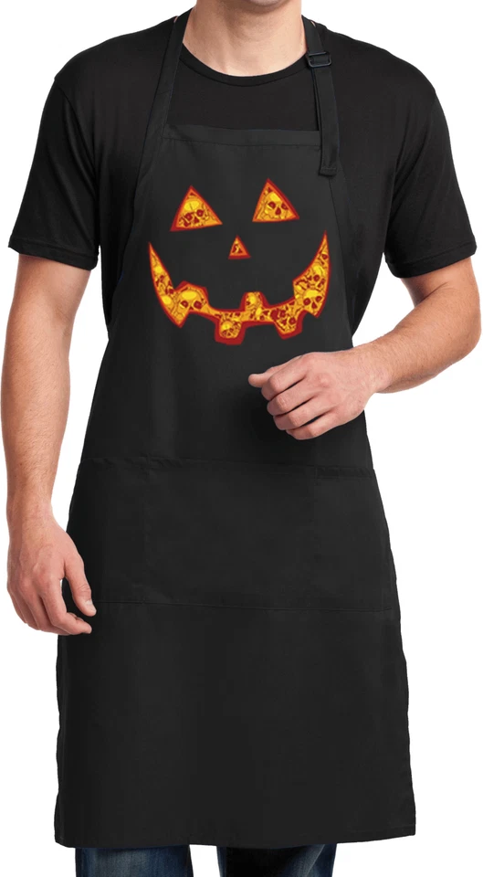 Mens Halloween Jack O Lantern Skull Full Length Apron with Pockets - Image 1 of 1
