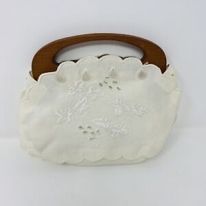 Vintage Bermuda Purse Wooden Handle Ivory Embroidery Removable Cover 70s Cottage