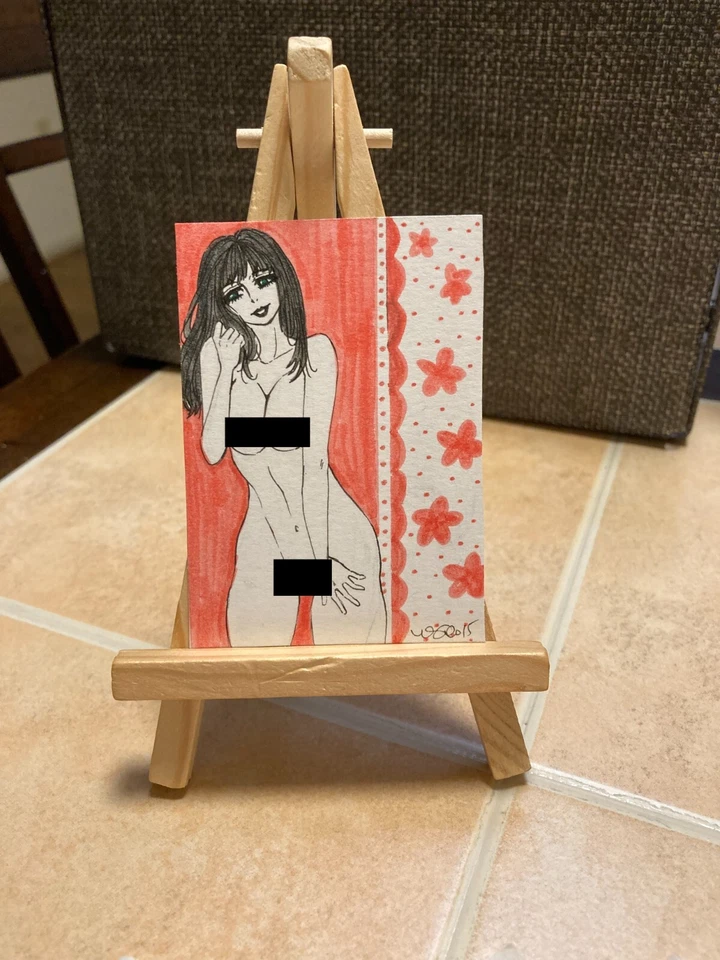 Tarjeta de arte de pintura ACEO original de medios mixtos ATC Pinup girl #698 Foto 1 de 1