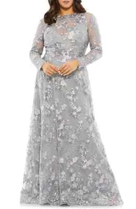Vestido Mac Duggal Gris Platino Lentemina Floral Bordado Mangas Largas Talla 20W - Imagen 1 de 7