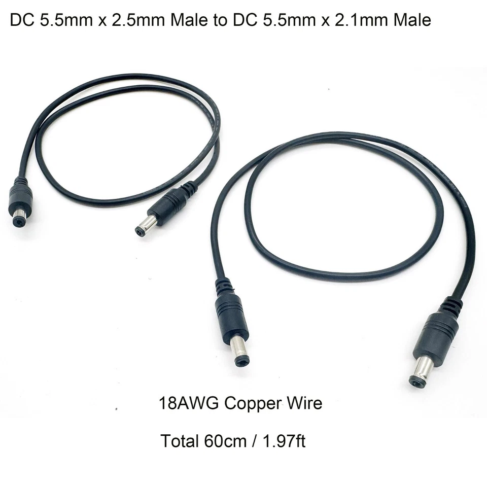 2pcs DC Power 5.5mm x 2.5mm Male to 2.1mm Male Camera Cable 18AWG LED Strip CCTV - Image 1 of 4