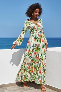 Boston Proper Sea Life Tropical V-Neck Empire Waist Long Sleeve Maxi Dress Sz 14 - Picture 1 of 13
