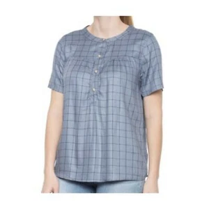 New C&C California Womans Small Blouse Top Plaid Short Sleeve Button Blue NWT - Picture 1 of 8