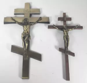 Lot of 2 IHUI Crucifixes ~ Brass/ Wood 11 1/4" & 10" Vintage Religious Crosses - Picture 1 of 14
