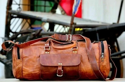 Grand sac de voyage marron vintage duffel cuir véritable bagage week-end 1 sac - Photo 1/4