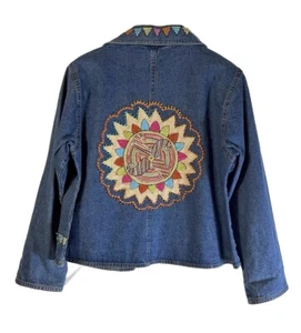 Carrie Allen Womens Denim Jean Jacket Blazer Embroidered Embellished Size L - Picture 1 of 8