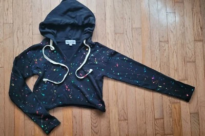Sudadera con capucha para mujer Wildfox salpicaduras de lámina suéter sudadera recortada negra arco iris S Foto 1 de 4