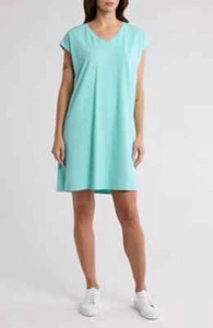 Abito Eileen Fisher Aqua cotone elasticizzato jersey scollo a V lunghezza ginocchio cappuccio manica XL - Foto 1 di 4