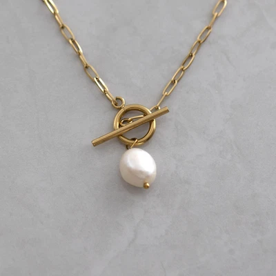 Freshwater White Pearl Toggle Necklace Paperclip Chain Stainless Steel Gold - Image 1 of 4