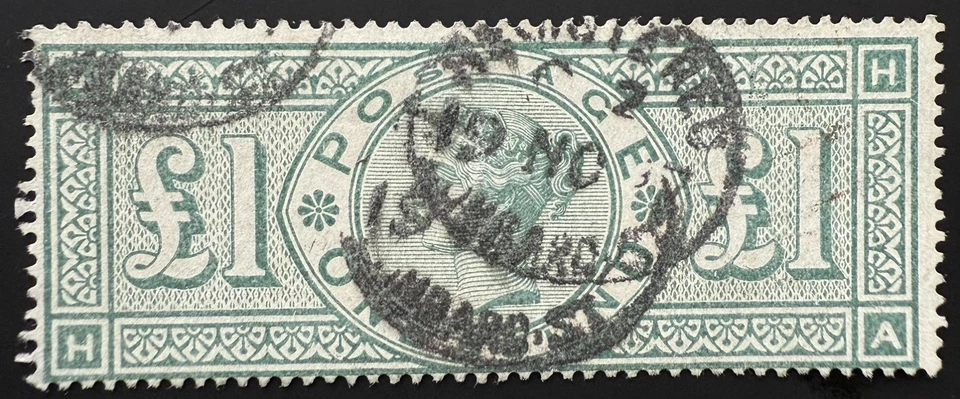 GB QV Stamp 1891 SG212 £1 green Jubilee, "HA", VGU,  SG RRP £675 - Image 1 of 2