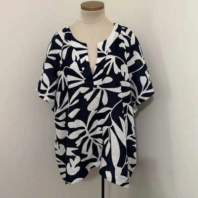 ELIE TAHARI Women’s XXL 100% Linen Navy Blue & White Blouse Top - Image 1 of 4