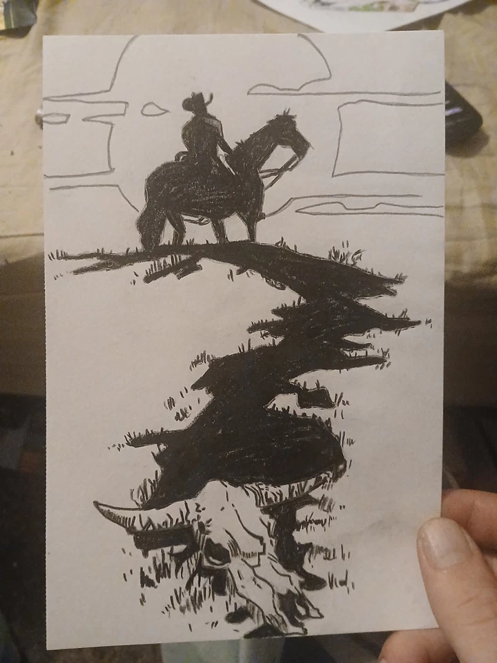 Calavera de toro vaquero a caballo dibujo en blanco y negro Foto 1 de 1