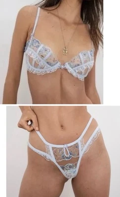 For Love And Lemons womens size L Sorbet Rose bralette cheeky panty set blue - Image 1 of 4