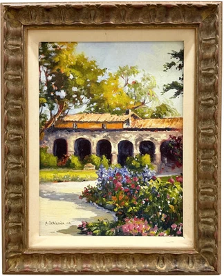 Grace Scheslier Original Oil Painting California Mission Courtyard Spanish Decor - Image 1 of 4