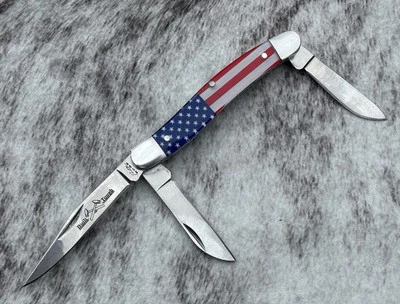 "Cuchillo de bolsillo plegable clásico de 4"" con 3 hojas afiladas bandera de EE. UU. 🇺🇸" Foto 1 de 3