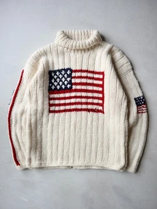 Suéter Tejido Bandera Americana Lauren Estilo Ralph Vintage Años 90 100% Lana Cuello Turle - Imagen 1 de 7