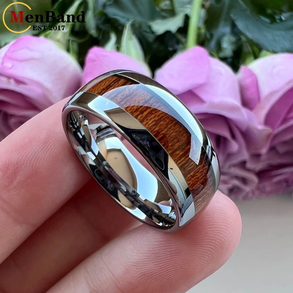 Alianza de boda de carburo de tungsteno anillo 6/8 mm con incrustación de madera roja cúpula ajuste cómodo para mujeres Foto 1 de 4