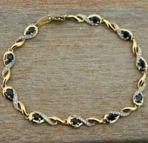 14K Yellow Gold Plated 5Ct Oval Cut Blue Sapphire Lab Created Women's Bracelet - Picture 1 of 4