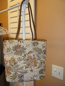 BUENO BROWN BEIGE GOLD ORANGE FLORAL FABRIC HANDBAG  - Picture 1 of 3