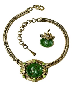 Henkel & Grosse for Christian Dior Green Cameo Rhinestone Necklace FOR REPAIR - Picture 1 of 19