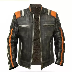 Men's Retro 3 Vintage Cafe Racer Striped Biker Distressed Black Leather Jacket - Picture 1 of 4
