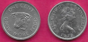 SEYCHELLES 1 CENTAVO 1972 SIN CIRCULAR TIPO 1 AÑO, CABEZA DE VACA, BUSTO JOVEN REINA DERECHA, F.A.O. C - Imagen 1 de 1