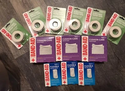 3 Band Aid Rolled Gauze..3 Cushion Care Gauze Pads & 6 Hurt Free  Paper Tape Lot - Image 1 of 3