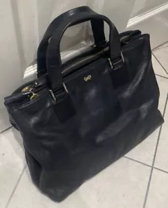 ANYA HINDMARCH VINTAGE BLACK LEATHER HANDBAG TOTE WORK OFFICE ^ - Picture 1 of 12