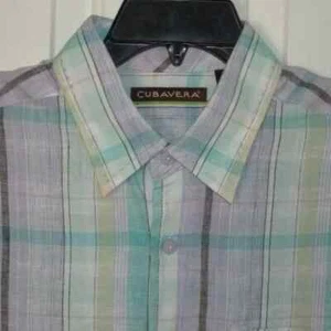 Short Cubavera da uomo S/S lino verde viola a quadri casual resort nuovi senza etichette - taglia large - Foto 1 di 3