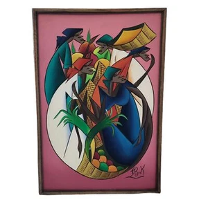 Colorful Haitian Fritz Rock Oil Painting Fruit Market Black Folk Art Gallery - Picture 1 of 11