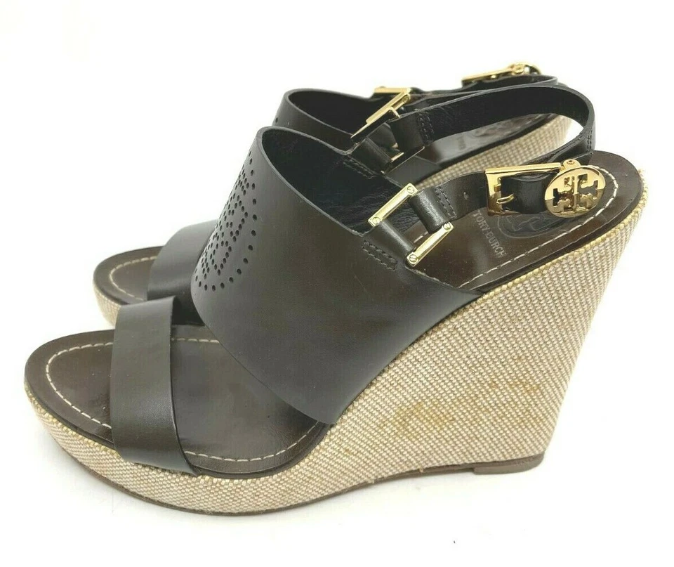 Tory Burch Kimberly Cuero Marrón Oscuro Cuña Eslinga Doble T Logo Talla 9.5 M Foto 1 de 4