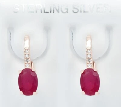 GENUINE 2.26 Cts RUBY & WHITE SAPPHIRE DANGLING EARRINGS .925 Silver (rose) -NWT - Image 1 of 3