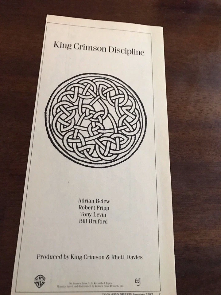 1982 DE COLECCIÓN 5X11 PROMOCIONAL IMPRESIÓN ANUNCIO PARA KING CRIMSON ÁLBUM "DISCIPLINA" NUDO CELTA Foto 1 de 1