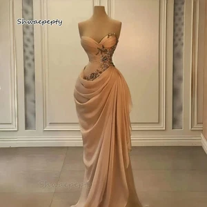 Elegant Ruched Evening Dress Pleats Sweetheart Neckline Beaded Long Mermaid - Picture 1 of 6