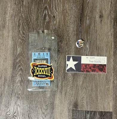 Super Bowl 38 XXXVIII 2004 Houston Texas Ticket + Lapel Pin **READ DESCRIPTION** - Image 1 of 4