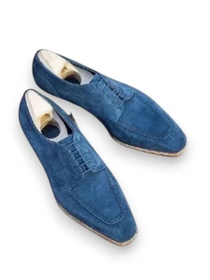 Nuevos zapatos de oficina de vestir Derby de gamuza azul hechos a mano para hombre envoltura de regalo gratuita Foto 1 de 4