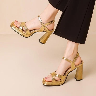 Moda Para mujeres Punta Abierta Correa al Tobillo Tacones Altos Sandalias Imitación Cuero Zapatos de Vestir Foto 1 de 4