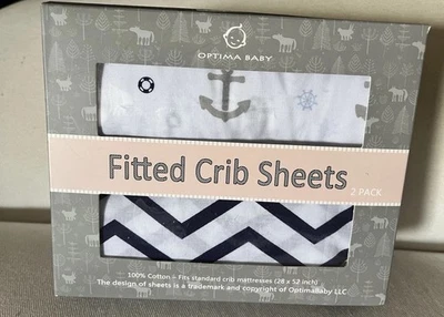 "Nuevo juego de 2 sábanas ajustables para cuna de bebé blanco gris marino algodón náutico 28x52""" Foto 1 de 4